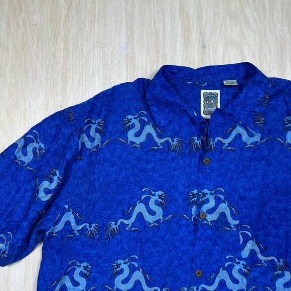 Ocean Current Dragon Blue Rayon Made in Korea Chinese Symbol Print Shirt XL - Picture 2 of 13
